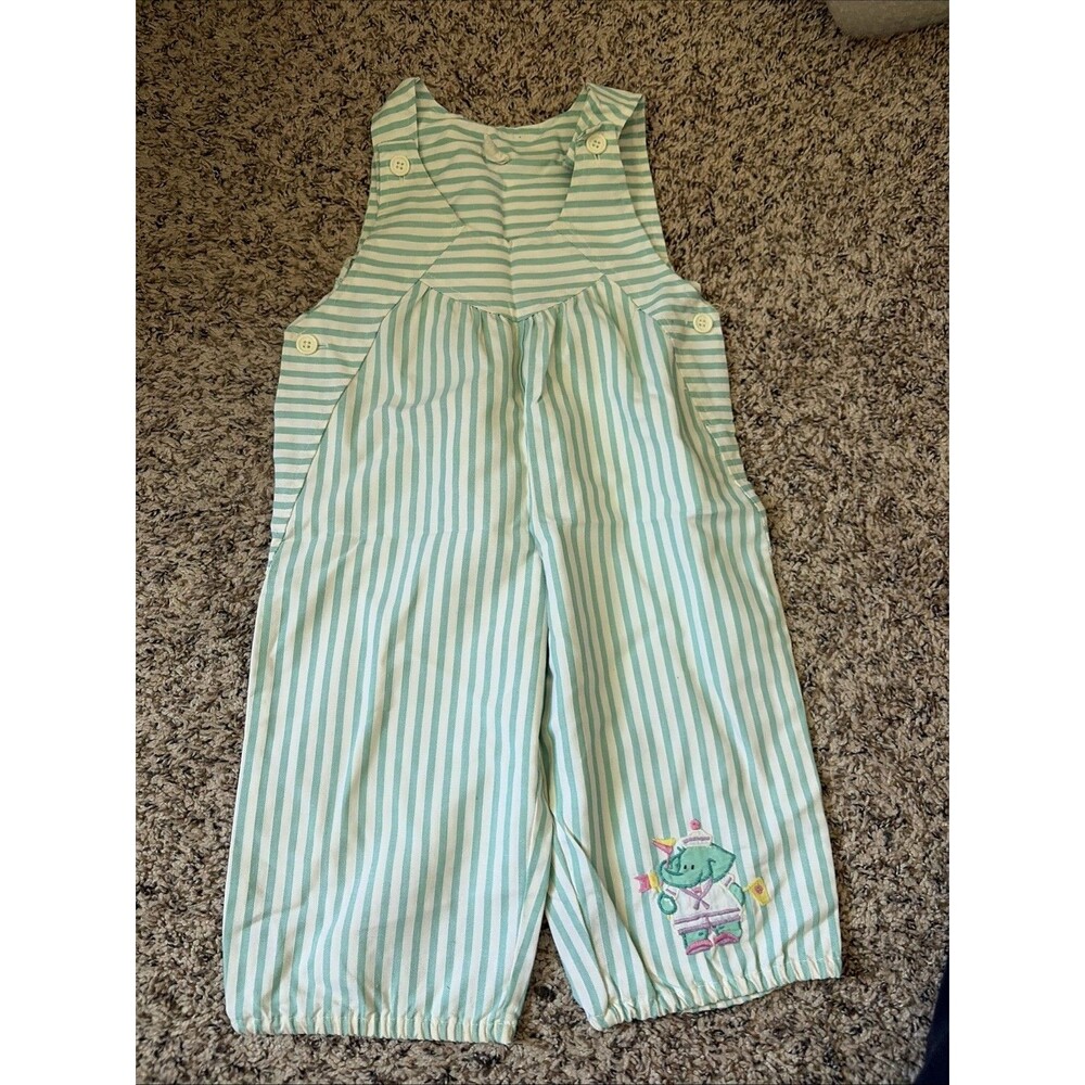 Vintage Bib Overalls Green White Stripe Appliqued Elephant Toddler 2-3t